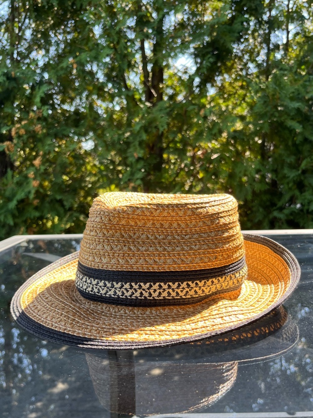 Eric Javits Tan Straw Fedora Hat with Black Trim